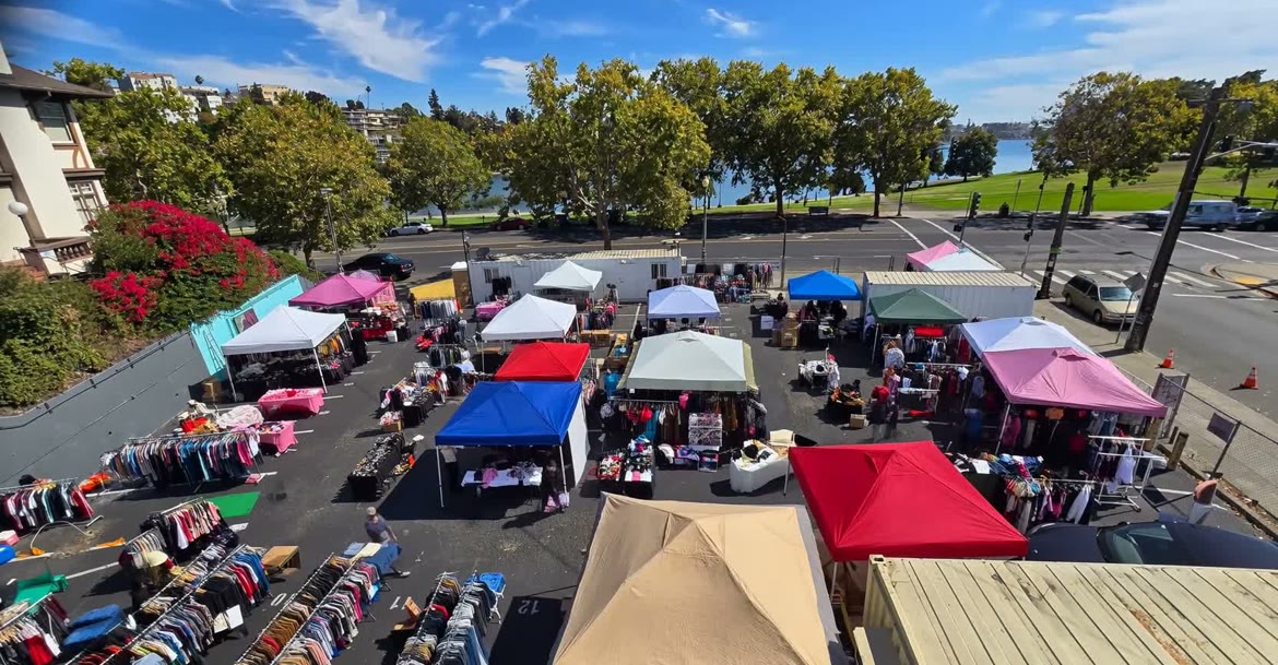 Vendor tents at the 500 Grand Ave lot by Lake Merritt