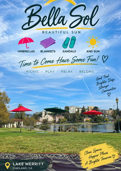 Bella Sol lakeside picnic at Lake Merritt, Oakland - umbrellas, blankets, sandals and sun