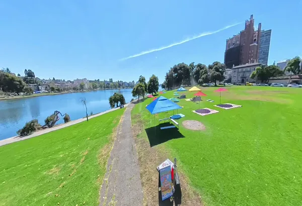 Umbrellas on the lawn at Lake Merritt